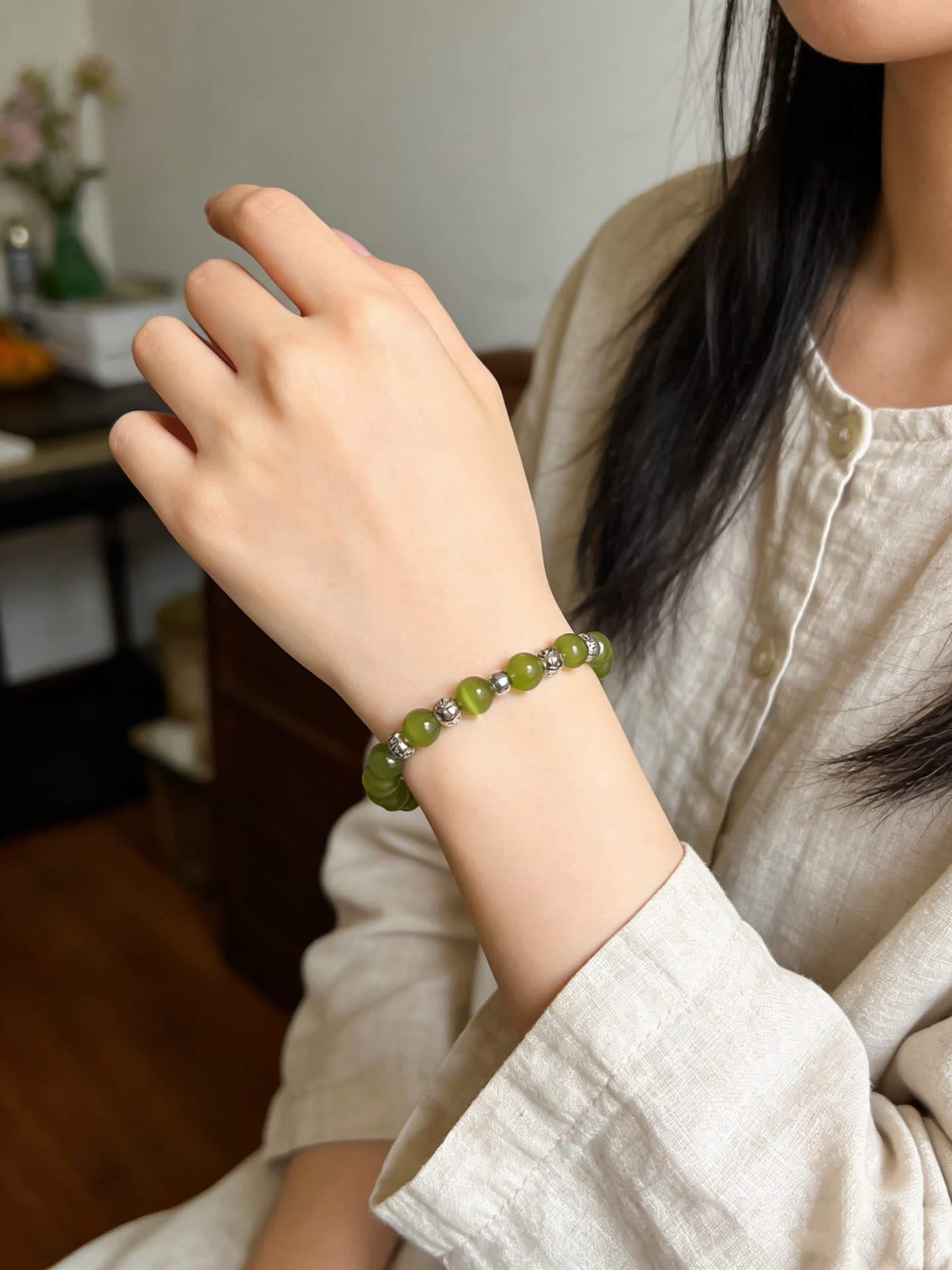 Tiffany & Co Green Beaded Bracelet with Silver Accents